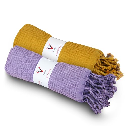 Image of Bath Towels - 100% Cotton Waffle Weave Large Size Towels (75 x 150cm) - Quick Absorption &Faster Drying Bath Towel for Women & Men (Pack of 2, Lilac & Mustard Yellow)