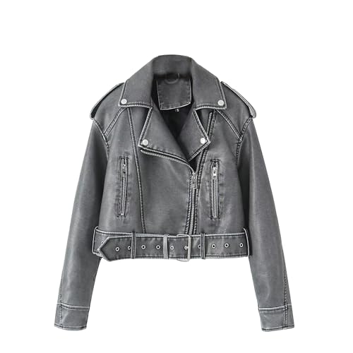 Image of DGKaxiyaHM Women's Faux Leather Casual Short Coat Vintage Fashion Motorcycle Coat Jacket Blazer Collar Zip Up Coats (Grey,M)