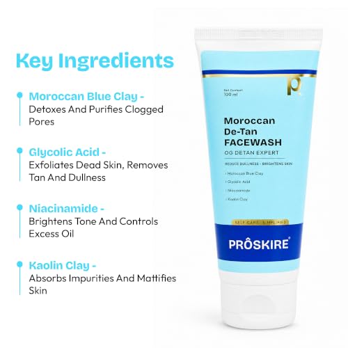 Image of Proskire Moroccan De-Tan Face Wash 100ml | Removes Tan, Reduces Dullness & Brightens Skin | With Moroccan Blue Clay, Glycolic Acid, Niacinamide & Kaolin Clay | Deep Cleansing Face Wash for All Skin Types 100ml