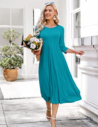 HOTOUCH Women 3/4 Sleeve Round Neck Summer Casual Flared Midi Dress (Jade Green XL) - Thumbnail 3