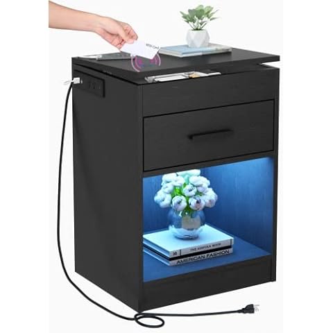 Auromie Nightstand with Charging Station and LED Lights, Concealment Furniture with RFID Lock Cabinet and Power Outlets, Bedside Table with Hidden Compartment for Valuables Storage, Black Cover