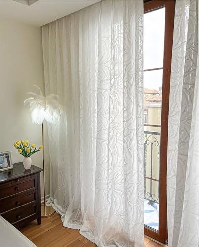 Ayoiow Jacquard Banana Leaves Door Window Curtains No Drill Polyester for Bedroom, Cafe Curtains for Living Room, White 42W x 54L inch (107 x 138 cm) Grommet