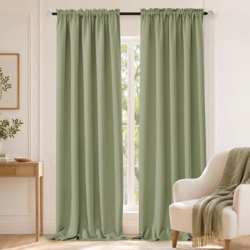 Image of Sage Green Blackout Curtains for Bedroom 96 Inches Long 2 Panels, Soft Fabric Blackout Curtains, Room Darkening Living Room Window Treatments, Dual Rod Pocket Window Drapes, 2x40Wx96L Inches