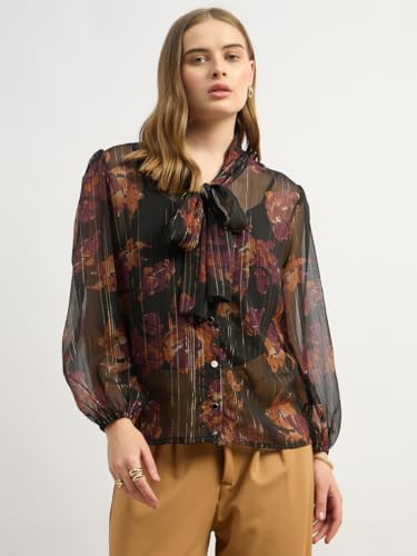 بلوزة مطبوعة باكمام منفوخة ورقبة برباط للنساء من ستايلي، مقاس S، لون اسود