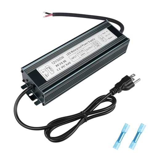 Image of inShareplus 12V 300W Power Supply, AC 80-265V to DC 12 Volt 25A IP67 Waterproof LED Power Supply, Low Voltage Transformer, Outdoor Driver with 3-Prong Plug 3.3 Feet Cable for LED Light, Outdoor Use