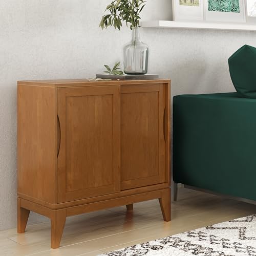 SIMPLIHOME Harper Storage Cabinet - 30 inch Wide Solid Hardwood 2-Shelf Low Console Cabinet in Teak Brown, Mid-Century Modern Cupboard for Living Room with Sliding Doors and Adjustable Shelves