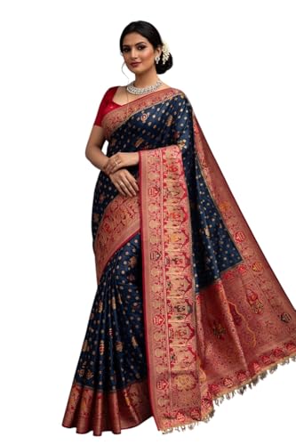 Pionex Royal Navyblue Kanjivaram Silk Saree with Temple Border and Zari Brocade Weaving