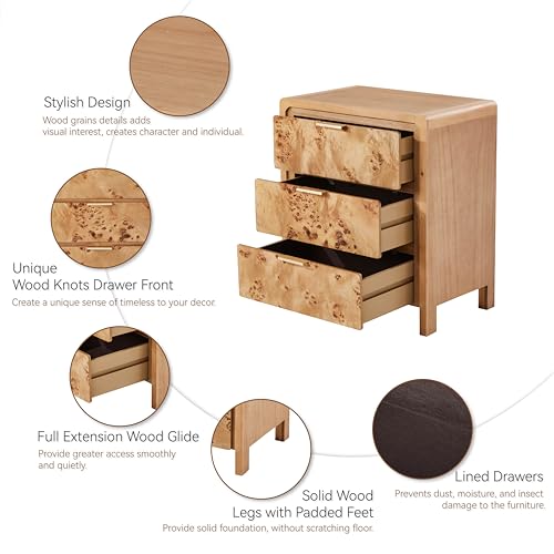COZAYH Set of 2 Burl Finish 3 Drawer Nightstand, Wood Rustic Farmhouse Dresser, Vintage Accent Storage Bedside Table for Bedroom Entryway, Fully Assembled, Natural - Thumbnail 4