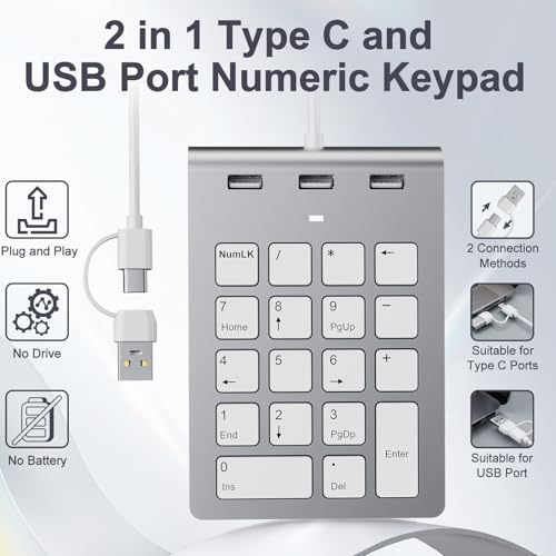Cbcuyle Ziffernblock mit USB A/USB C, Multifunktionstasten Nummernblock mit 3 zusätzlichen USB 2.0-Anschlüssen, 18 Tasten, 15° ergonomische Numeric keypad für Laptops, Notebook und Desktops