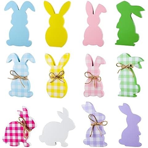 6 PCS Easter Bunny Wood Signs Spring Rabbit Wooden Table Signs Buffalo Plaid Bunny Wood Decor Easter Colorful Block Signs with Hemp Rope for Tiered Tray Holiday Party Decor Table Centerpieces Cover
