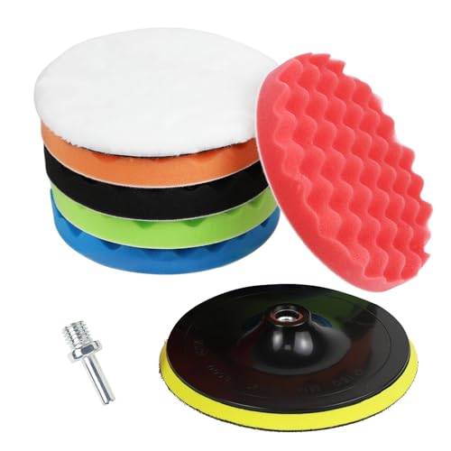 Hbxdeco 7PCS Buffing and Polishing Pad Kit, 7 Inch Foam Buffing Sponge Pads Kit with Backing Plate & Drill Adapter, Wool Polishing Pad for Waxing, Car Buffer Attachment for Drill