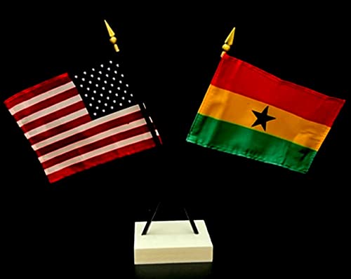 Made In Usa. 1 American And 1 Ghana Miniature Rayon 4"X6" Office Desk Flag. Little Hand Waving International Table Flag, Includes Crossed White Flag Stand With 2 Small 4"X6" Mini Stick Flags #TOP29