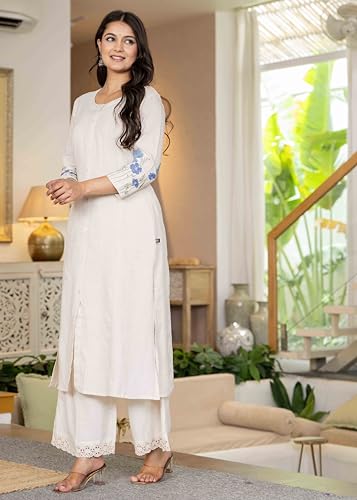 Image of Pistaa's Women Cotton Elegant Off-White Floral Embroidered Sleeves Kurta Palazzo Set