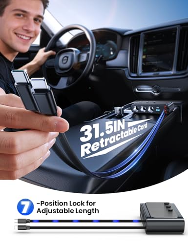 Image of 227W 9 in 1 Cigarette Lighter Splitter, PD36W *2 & QC3.0 Fast Car Charger | Retractable USB C Fast Charger, 12V /24V Car Charger, 31.5IN Retractable Cords & 39.6IN Extension Cord, LED Voltage Display