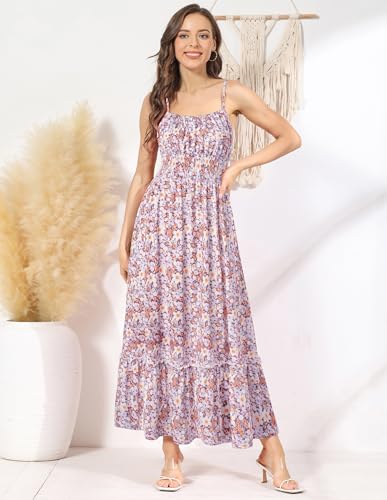 Image of GRACE KARIN Summer Dresses for Women 2026 Vacation,Smocked Floral Maxi Dresses,Boho Beach Long Sundress Purple Floral S