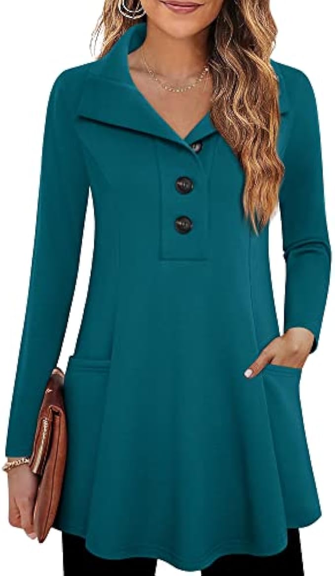 Timeson Women's Long Sleeve Button Collar Tunic Sweaters Casual Ladies Sweatshirts with Pockets