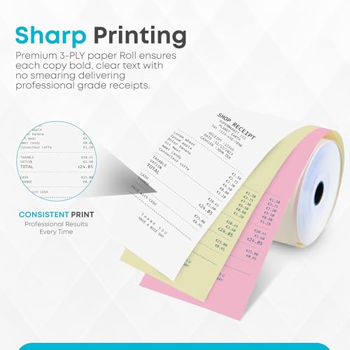 Image of (32 Rolls) Kitchen Printer Paper White /Canary /Pink Carbonless 3 inch x 65 Feet