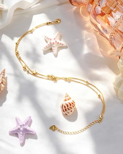 Image of Silver Ankle Bracelets for Women, Butterfly /Stars Cute Charm Anklet, 14K Gold Plated Layered Chain Anklets for Women Teen Girls