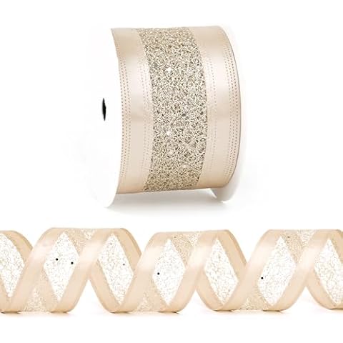 DINDOSAL Champagne Gold Wired Ribbon 2.5" X 10 Yards Champagne Satin Ribbon Wired Mesh Ribbon for Christmas Tree Decorations,Gift Wrapping Wreaths Garland, Topper Bows Crafts, Home Decor Cover