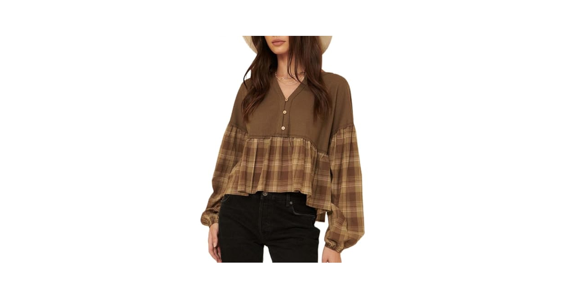トップス plaid pattern balloon tops / brown The Brown Lapel Plaid Short Sleeve Blouse & Reviews - Brown