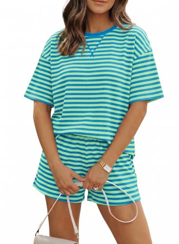 Image of MARZXIN Women 2 Piece Shorts Set 2026 Casual Summer Cruise Outfits Ribbed Loose Short Sleeve Pocket Matching Lounge Sets
