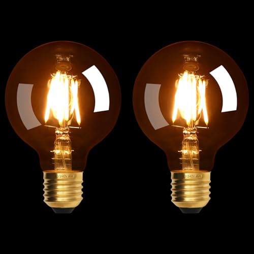 Image of Terafeels 2 Pack E27 Vintage LED Light Bulbs, G80, 4W, Straight Filament, 2200K Warm Yellow Glow, Amber Glass, Dimmable Edison Screw in Light Bulb
