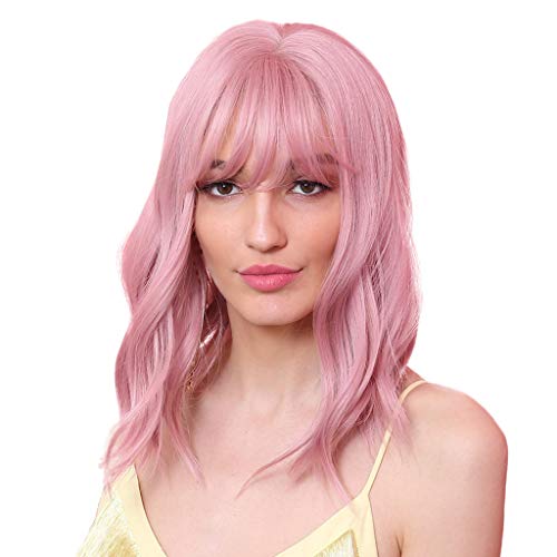 Flameer 12 Polegadas Mulheres Olhando Natural Ondulado Peruca Rosa Anime Cosplay Perucas