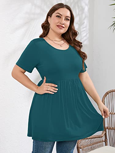AusLook Plus Size Blouses For Women Lake Blue 4X Tunic Short Sleeve Shirts Scoop Neck Clothing Pleated Tee Ladies Clothes Flowy Casual Dress Loose Fit Outfits Maternity Babydoll Summer Tops Wear — view 2