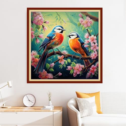 Image of Disxvivy Cross Stitch Stamped Full Embroidery Kits DIY 11CT Cotton Thread Printed DIY Needlepoint Kits Craft Needlework Set Cross-Stitch Stamped Sets-Singing Birds Fragrant Flowers 18x18 inch