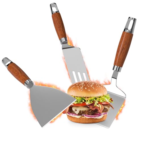 Gimars Juego de 3 Espátulas Acero Inoxidable 430 con Mango Madera | Incluye Repostera, Cuadrada y Triangular Grande | Ideal Parrillas, Barbacoa, Teppanyaki, Cocina