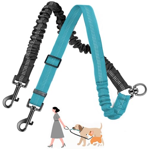 Guinzaglio doppio regolabile per 2 cani, anti-groviglio, 360° rotante, riflettente, per passeggiata e addestramento, taglia unica per cani di tutte le taglie (nero + blu)