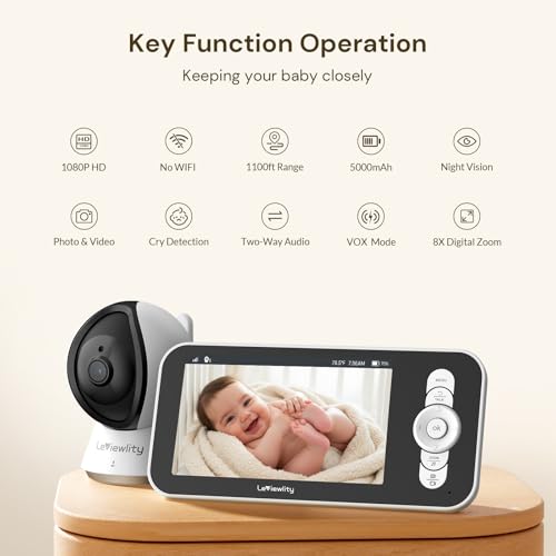 Leivewlity Baby Monitor No WiFi with Camera and Audio, 5" 1080P HD Screen with 1100ft Range, 5000mAh Battery, 8X Zoom, Infrared Night Vision, VOX, 2-Way Talk, Photo & Video Record for Crib, Nursery — view 2