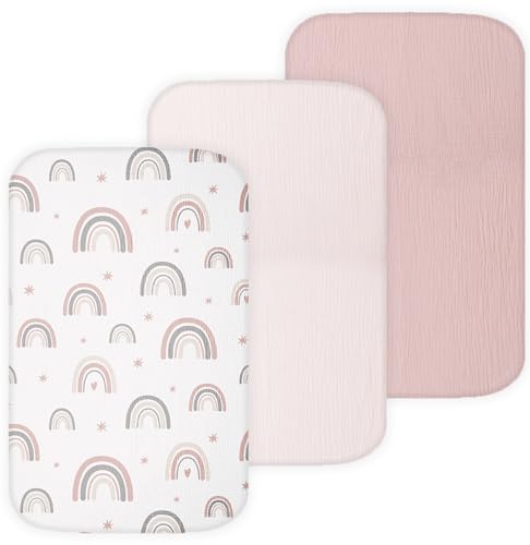 Image of Muslin Bassinet Sheets Compatible with AMKE, Angel Bliss, Baby Joy, Maxi-COSI Baby Bedside Sleeper TansyPanda, 3 Pack, 20×33 in, Ultra Soft, Breathable, Snug Fit, Unisex Boys and Girls, Pink Rainbow