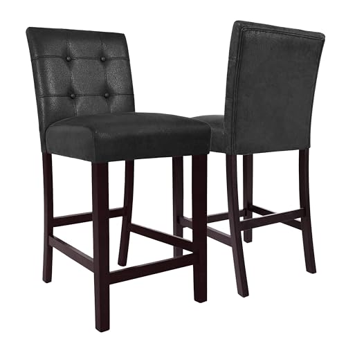 Image of HomePop Button Tufted Counter Stool, 24-Inch, Matt Black Faux Leather (Set of 2)