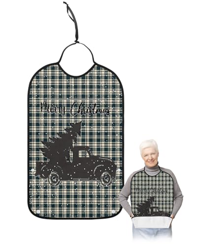LEOKOTI Christmas Adult Bibs for Eating, Waterproof Bibs with Food Catcher & Adjustable Snap Closure, Xmas Tree Truck Winter Snowflake Green Plaid Washable Clothing Protectors Adult Bibs for Elderly