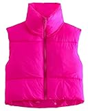 Shiyifa Women's Fashion High Neck Zipper Cropped Puffer Vest Jacket Coat (Rose Red, X-Small)