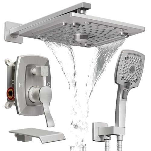 ELLO&ALLO Shower Tub Shower Faucet Set Brushed Nickel Mixing Valve and Trim Kit, Rainfall Waterfall Shower Head with Handheld Combo by ELLO&ALLO - Used condition - US$52.38