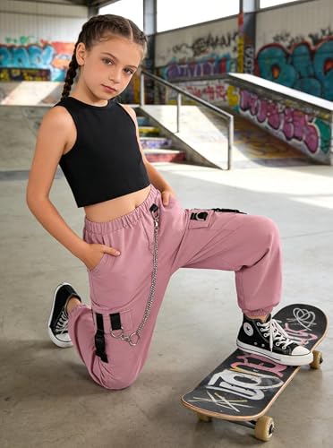 Image of Girls 2 Piece Outfit Set for Tween Girls, Sleeveless Crop Tank Top & Cargo Pants Jogger Set