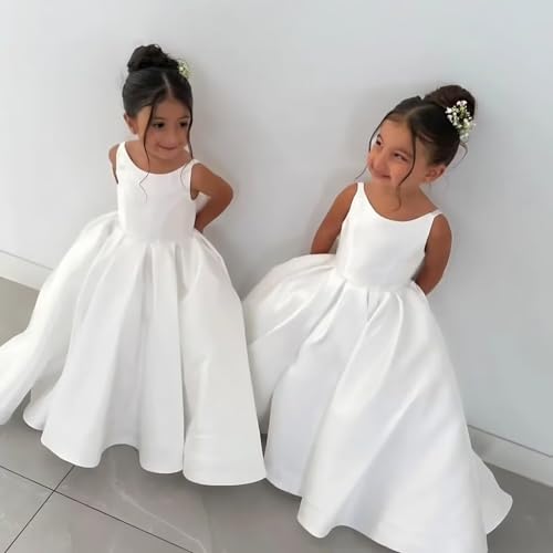 Satin Flower Girl Dress for Wedding Spaghetti Strap Backless Princess Ball Gown First Communion Dress with Bow3