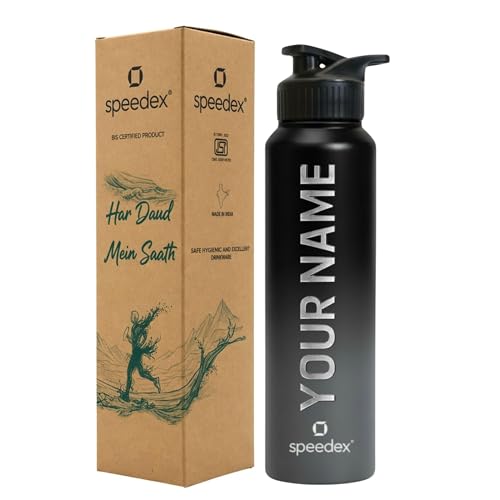Image of Speedex Customised Stainless Steel Water Bottle 1 Ltr with Name - Personalised Engraved Sipper Cap Bottle for Kids, Men & Women, School, Gym, Office Black Grey, Set of 1
