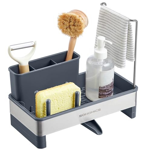 SONGMICS Organisateur Évier de Cuisine, Porte-Accessoires pour Évier avec Porte-éponge, pour Brosses, Chiffons, Savon, en Acier Inoxydable, Bec Rotatif,...