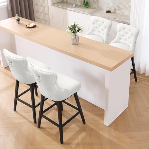Image of White Leather Swivel Bar Stools Set of 4 with Back, 30 Inch Counter Height Chairs, Solid Wood Legs, Tufted Seat, Comfortable and Stylish for Kitchen, Island, Home Bar(White, 4 Pack, 30 inch H)