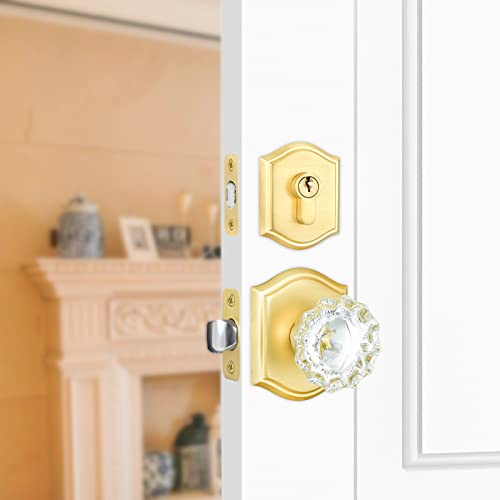 CLCTK Crystal Glass Passage Door Knob and Single Cylinder Deadbolt Combo Set, Satin Brass Finish