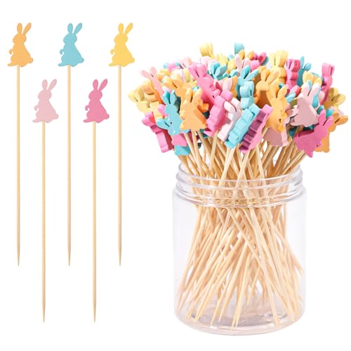 100pcs Easter Bunny Toothpicks for Appetizers, 5 Colors Bunny Cocktail Picks for Cake Dessert Food Fruit Easter Party Decorations