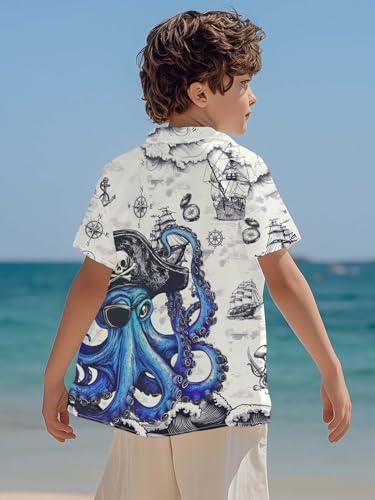 Image of THE PIRATE KING Funny Pirate Hawaiian Shirt Boys Girls Beach Tropical Casual Short Sleeve Button Down Shirt for 5-14 Years