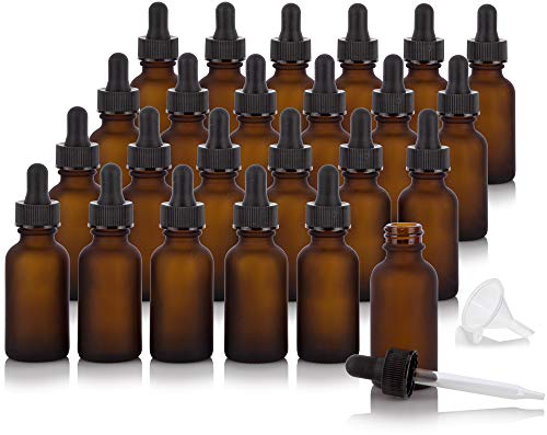 1 oz / 30 ml Frosted Amber Glass Boston Round Bottle with Black Dropper (24 pack) + Funnel