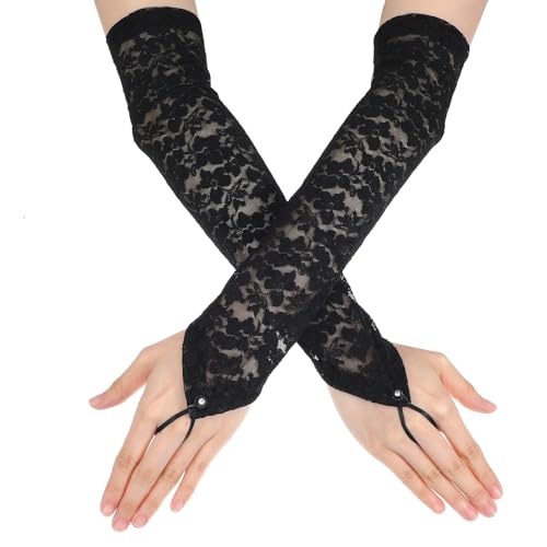 Lange Spitze Opernhandschuhe, Schwarz Fingerlose Spitzen Handschuhe Damen, Ellenbogenlange Spitzenhandschuhe Hochzeitshandschuhe Netzhandschuhe für 1980er Jahre Party Hochzeit Kleidungszubehör