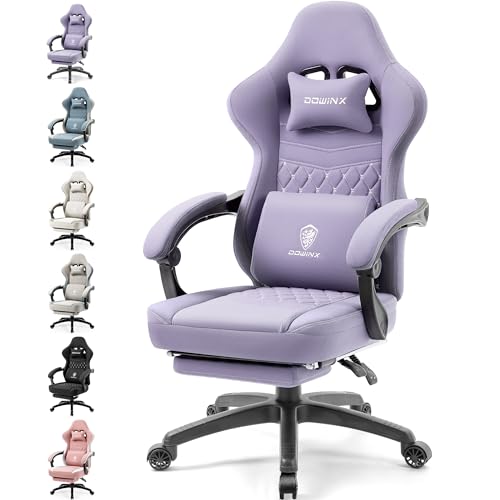 Dowinx Chaise de gaming en tissu avec coussin à ressorts ensachés, chaise gamer de massage avec appuie-tête, fauteuil de gaming ergonomique avec repose-pieds (violet)