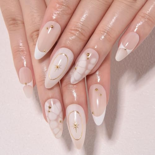 evpct 3D French Press on Nails Medium Almond No Glue with Bohemian Stars Design, White Tip Glossy Stick on Nails for Women with Kit, Reusable Soft Stick on Fake Nail with French Design Perfectly Fit