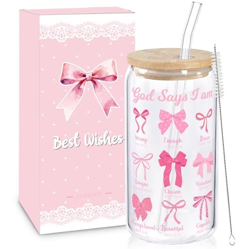 Christian Gifts For Women Girls Pink Bow Glass Cup with Lid and Straw